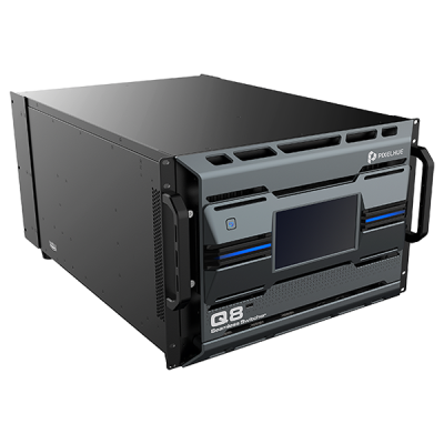 Computador servidor preto e cinzento PixelHue Q8 com tela e botões frontais