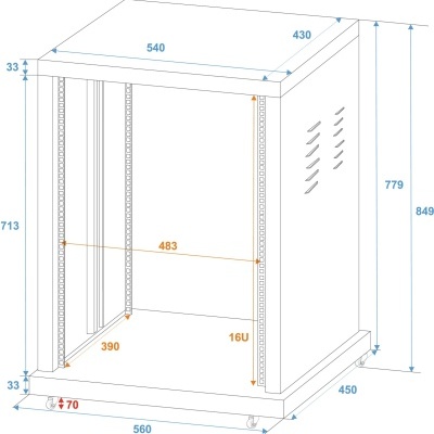 Desenho técnico de armário metálico para equipamentos com dimensões detalhadas e rodas