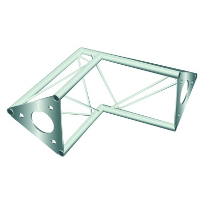 Estrutura metálica tubular verde claro em ângulo 90 graus com reforços e furos circulares