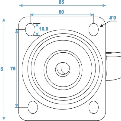 Desenho técnico de peça quadrada com círculos concêntricos e furos medidos em milímetros