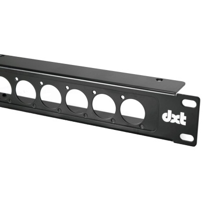 Suporte metal preto com recortes circulares e inscrição dxt