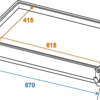 Desenho técnico de estrutura retangular com medidas em milímetros e cantos com suportes