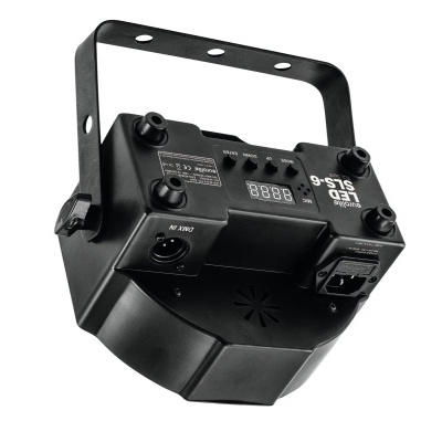 Aparelho de iluminação LED preto para espetáculos com display digital e botões.