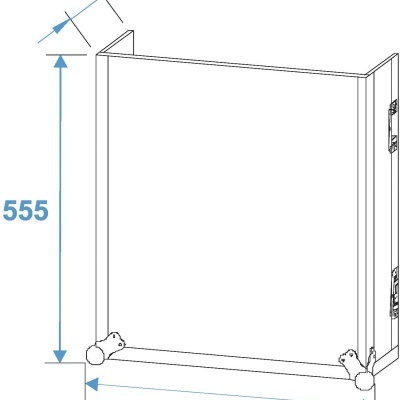 Desenho técnico de móvel branco com medições em azul