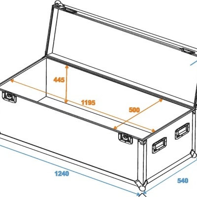 Desenho técnico de baú de armazenamento com dimensões anotadas