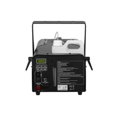 Máquina de efeitos especiais preta com garrafa branca e painel de controlo