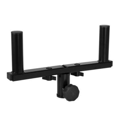 Suporte metálico preto com duas hastes verticais e base ajustável