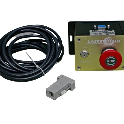 Painel de controlo LASERWORLD com botão STOP vermelho e cabo preto