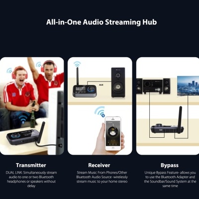 Dispositivo de streaming de áudio preto com antena e uso ilustrado com headphones e smartphone