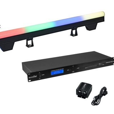 Sistema de iluminação LED com barra multicolorida e controlador preto com visor