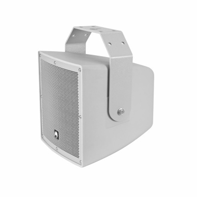 Coluna de som branca com suporte metálico e grelha cinza