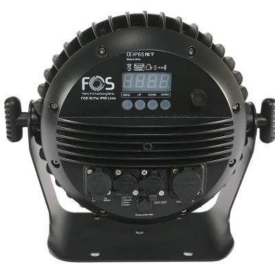 Luz de palco redonda preta com visor digital e botões de controlo