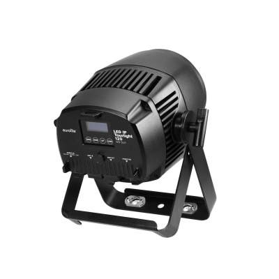 Refletor LED preto com painel de controlo e suporte ajustável.