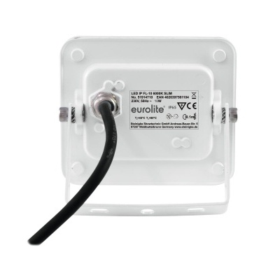 Refletor LED quadrado branco com cabo preto e etiqueta