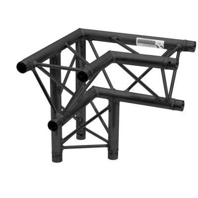 Estrutura metálica preta em formato de canto com tubos e reforços triangulares