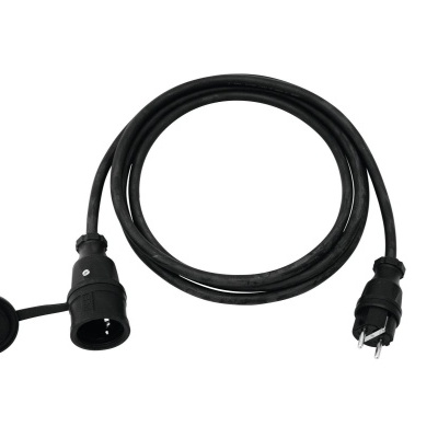 Cabo elétrico preto com conector macho e tomada fêmea com tampa.