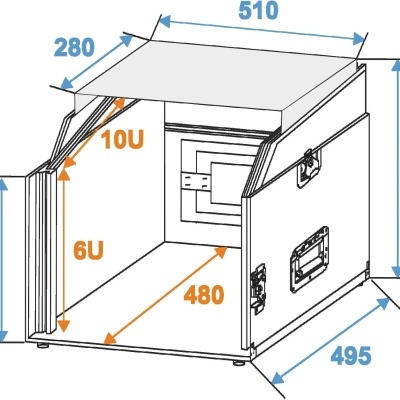 Desenho técnico de um rack de equipamento electrónico com medidas em milímetros