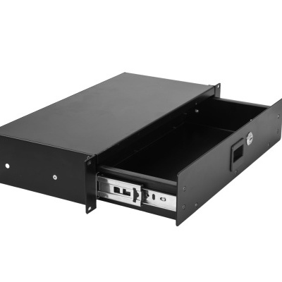 Gaveta metálica preta com alça embutida e sistema de fecho circular