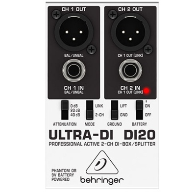 Dispositivo Behringer ULTRA-DI DI20, caixa DI ativa profissional de 2 canais com conectores XLR e jack