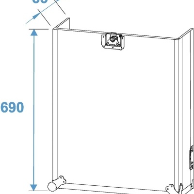 Desenho técnico de estrutura retangular com rodas e medidas 690 e 85
