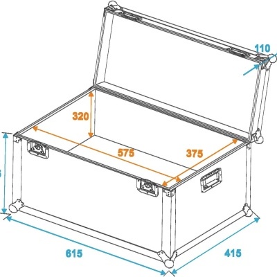 Diagrama técnico de baú branco aberto com medidas em centímetros