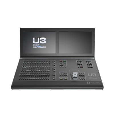 Mesa controladora preta para eventos com ecrãs e botões U3 PIXELUXE