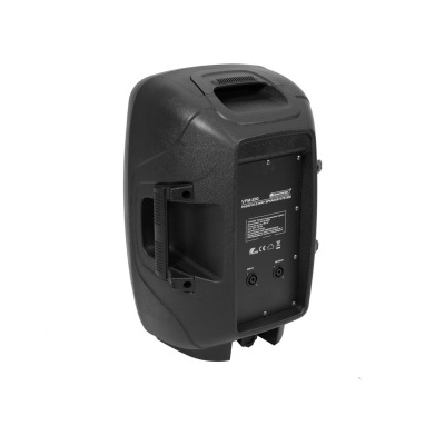 Coluna de som portátil preta com painel traseiro e alças laterais