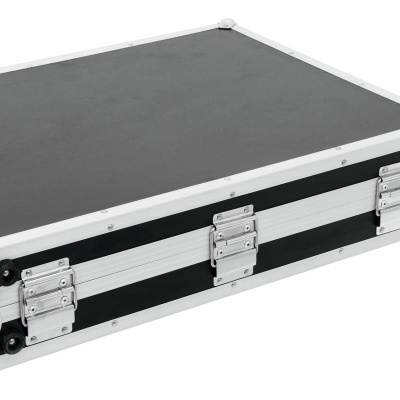 Mala de transporte rígida preta com estrutura metálica prateada e fechaduras