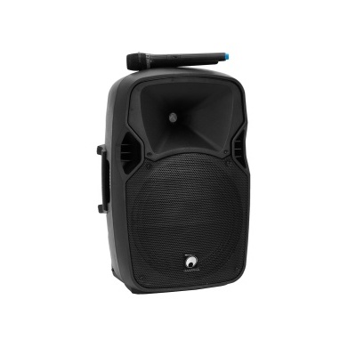 Coluna portátil preta com microfone