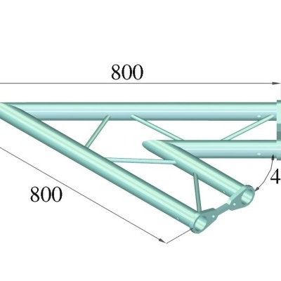 Estrutura metálica triangular azul claro com dimensões e ângulo indicados
