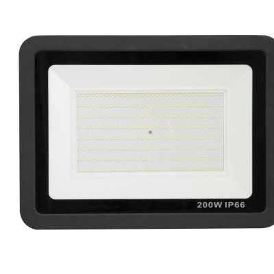 Projetor LED retangular preto com frente branca e luzes LED