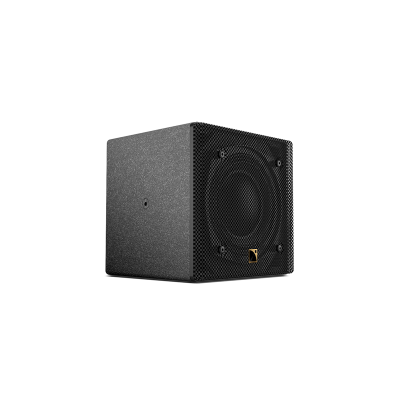 Caixa de som preta com grelha metálica frontal em forma de cubo