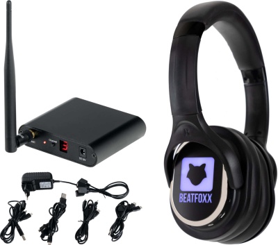 Beatfoxx SCPS-643 Silent Disco V2 Party Set mit 64 Kopfhörern und 3 Sendern