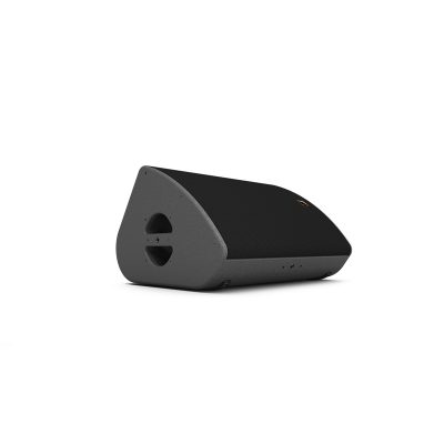 Coluna de som portátil cinza escuro com grelha preta e orifício lateral circular