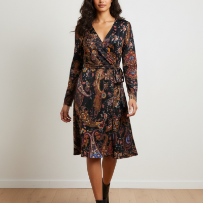 Vestido midi de manga comprida com padrão floral e paisley em várias cores sobre fundo preto