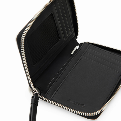 Carteira preta com fecho de correr e múltiplos compartimentos