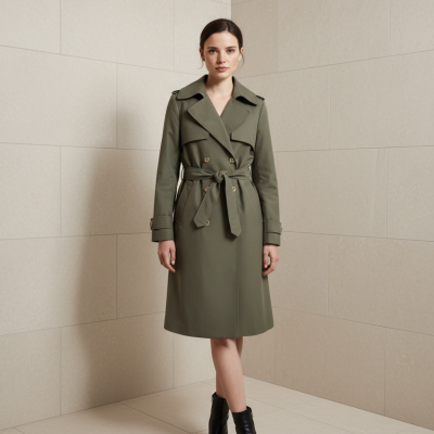 Casaco trench coat verde-oliva com cinto e botões dourados usado por mulher