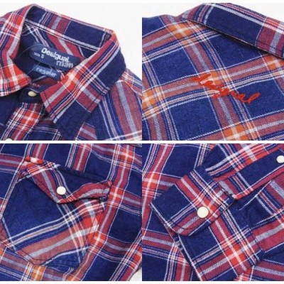 Camisa de flanela xadrez azul, vermelho e branco com botões de pressão e bordado laranja