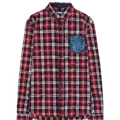 Camisa xadrez vermelha de manga longa com bolso azul