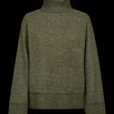 Camisola de gola alta verde em malha com punhos e bainha canelados