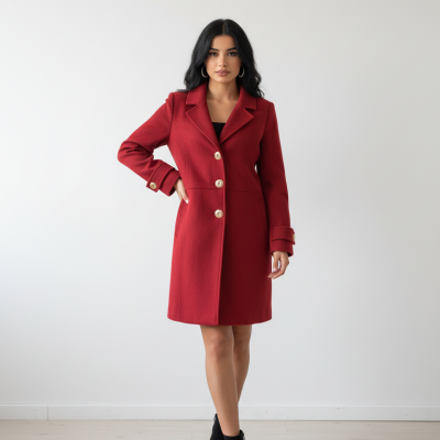 Casaco feminino vermelho com botões e botas pretas, modelo em fundo claro