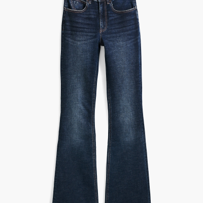 Calças de ganga azul escuro bootcut com bolso e botão metálico