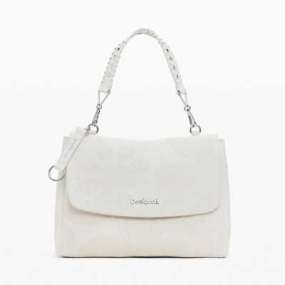 Mala de mão branca Desigual com alça trançada e detalhes florais bordados