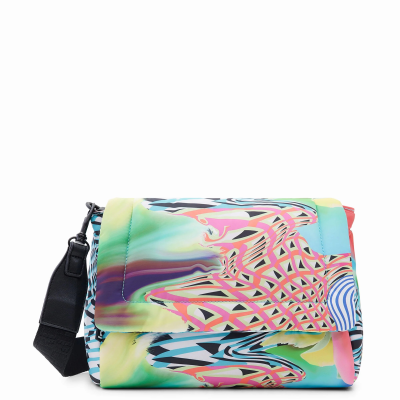 Mala de tiracolo com padrão abstrato colorido e correia preta