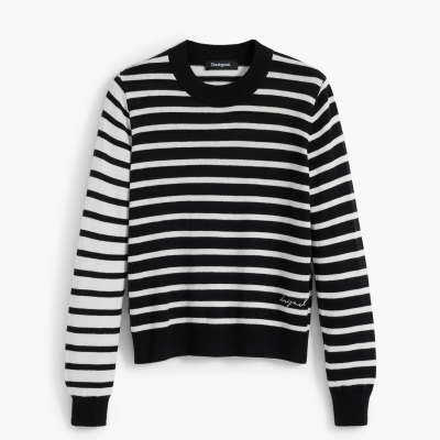 Camisola de malha com riscas pretas e brancas e bordado desigual