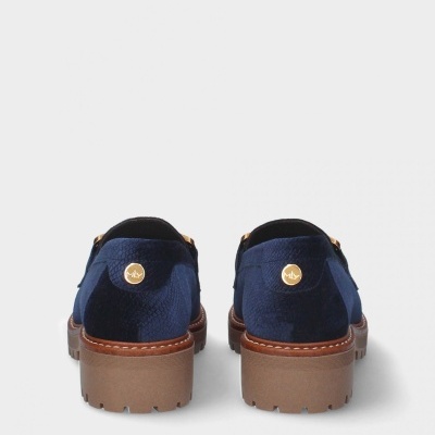 Sapatos masculinos azuis com sola castanha robusta e botão dourado RL