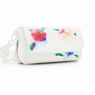 Mala branca com padrão floral colorido e fecho lateral.