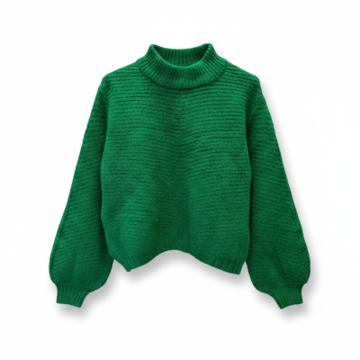 Camisola de malha verde com gola alta e mangas compridas