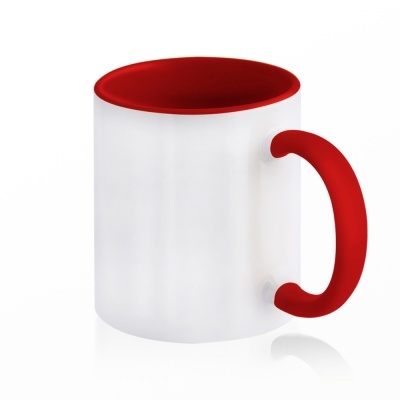 Caneca branca com interior e pega vermelhos