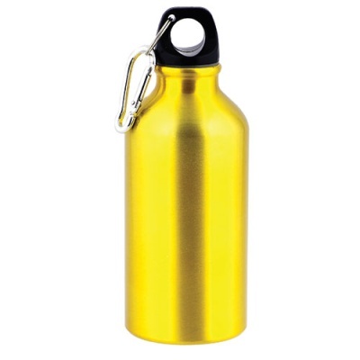 Garrafa de água metálica dourada com tampa preta e mosquetão
